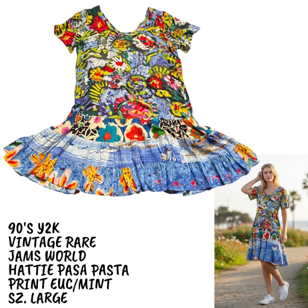 90'S Y2K VTG. RARE JAMS WORLD HATTIE PASA PASTA PRINT DRESS SZ.‎ LARGE EUC/MINT